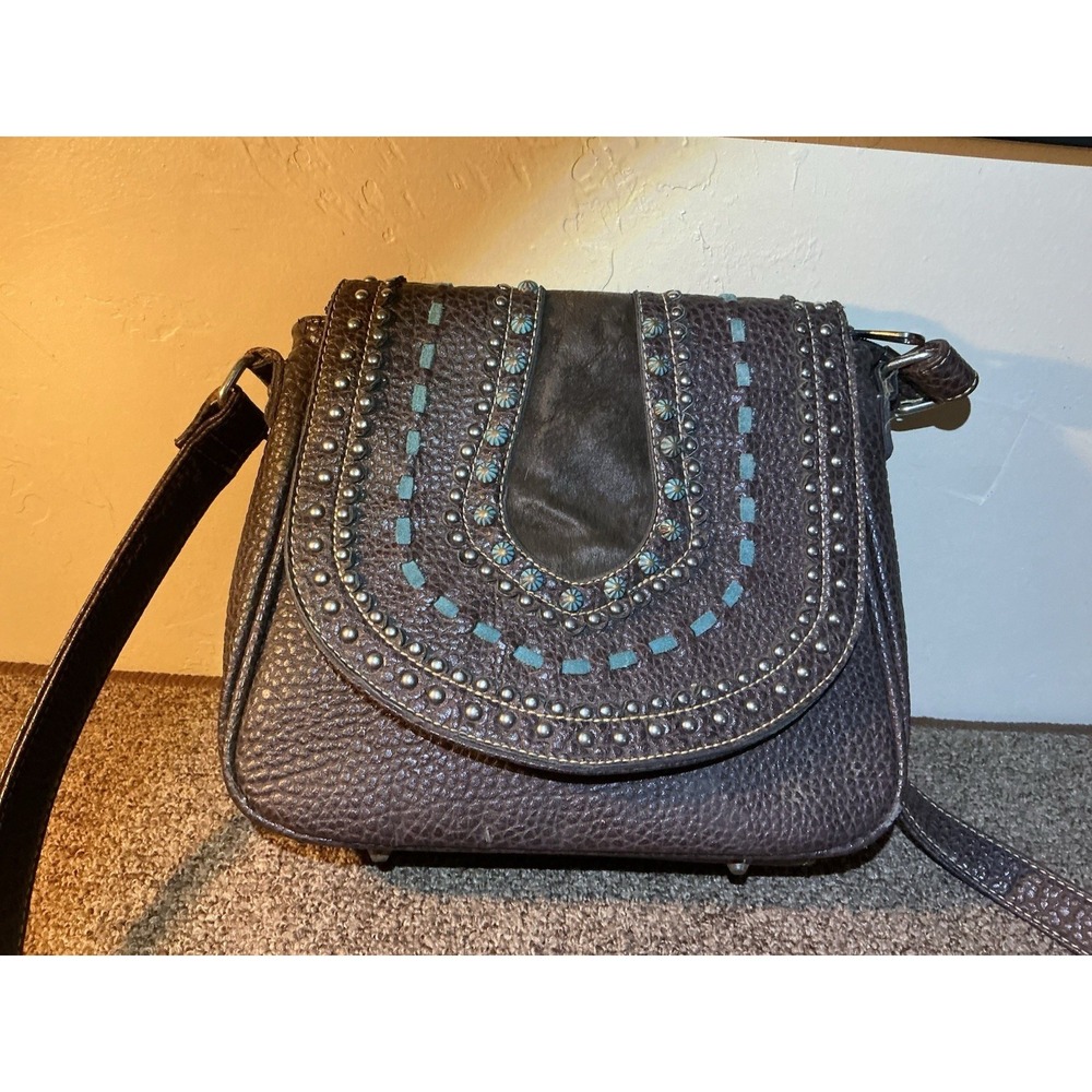 Shyanne Shoulder Bag Western Rodeo Studded Pebble Leather Brown Turquoise Accent